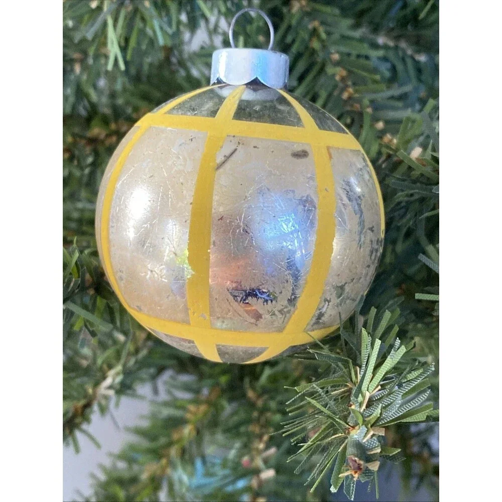 Vintage Glass Christmas Ornament Silver Ball Geometric Yellow Stripes Holiday